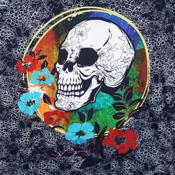 ROBERT GRAHAM Shirt Mens Medium Black Pullover Crew Floral SINFUL SKULL $135 - Picture 3 of 9